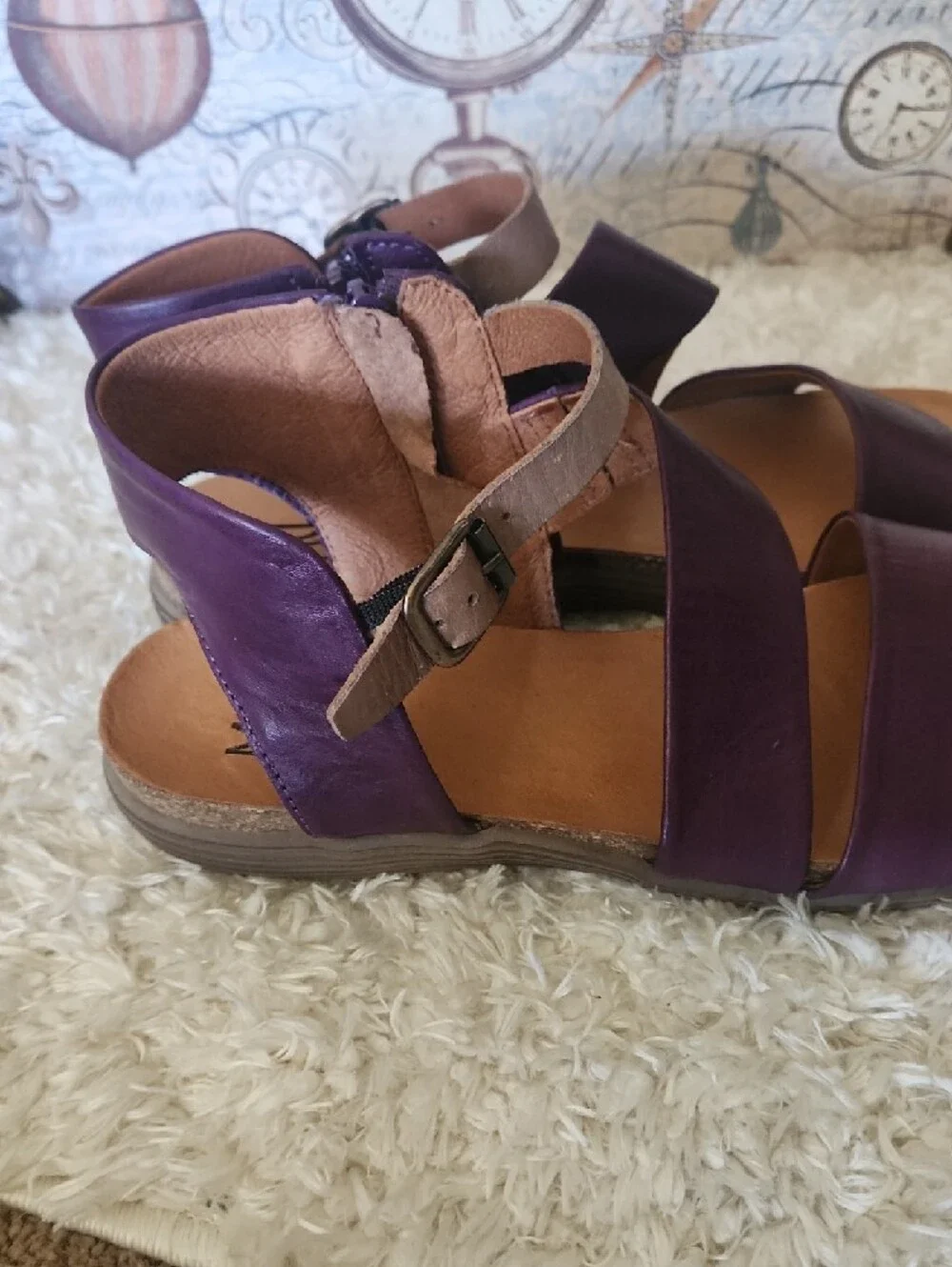 Miz Mooz Meadow Purple Leather Strappy Ankle Sandals with Tan Footbed - Picture 2 of 10